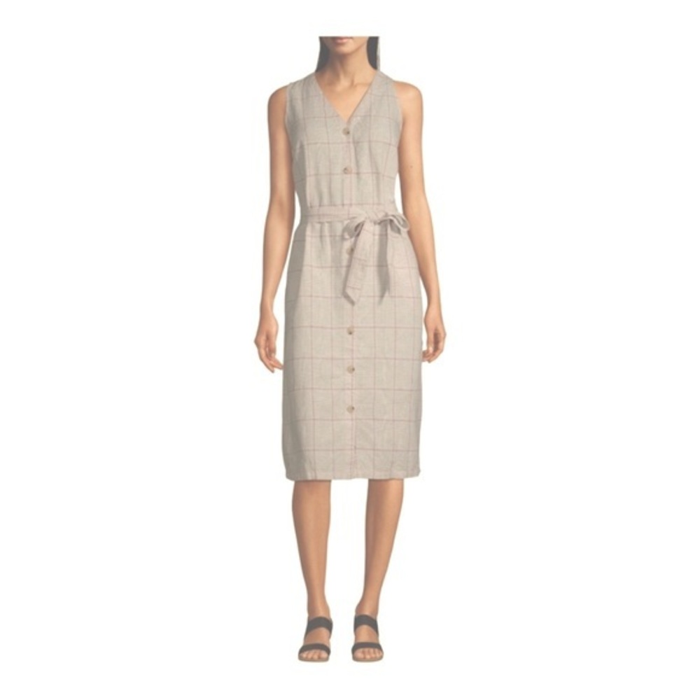 LIZ CLAIBORNE Sleeveless Flax Linen Stripped‎ Cottage Costal Midi Dress Size XL